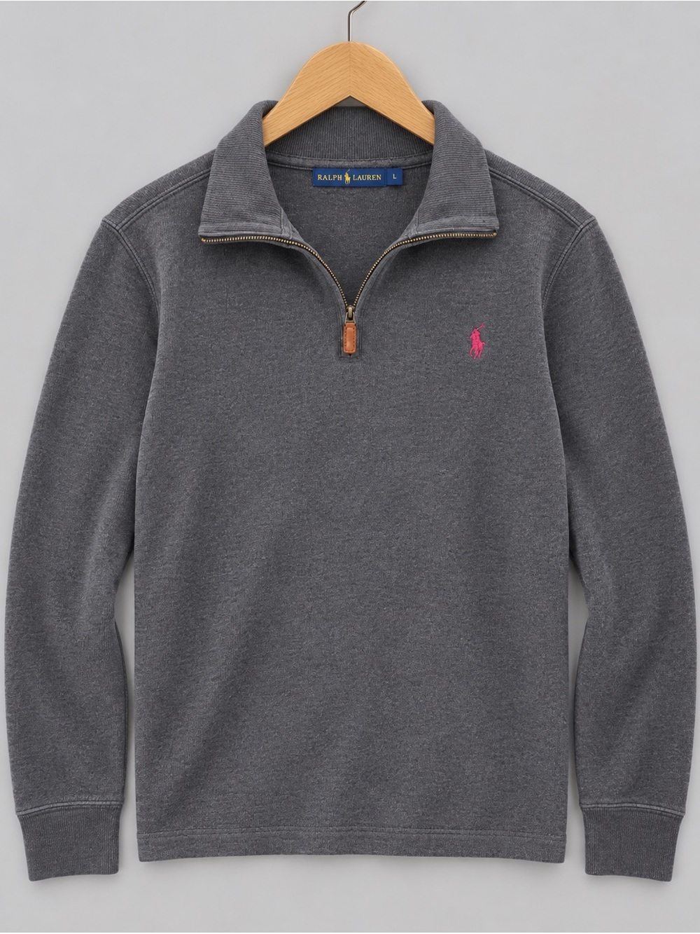 Ralph Lauren Men’s Charcoal Quarter-Zip Sweater with Pink Polo Logo
